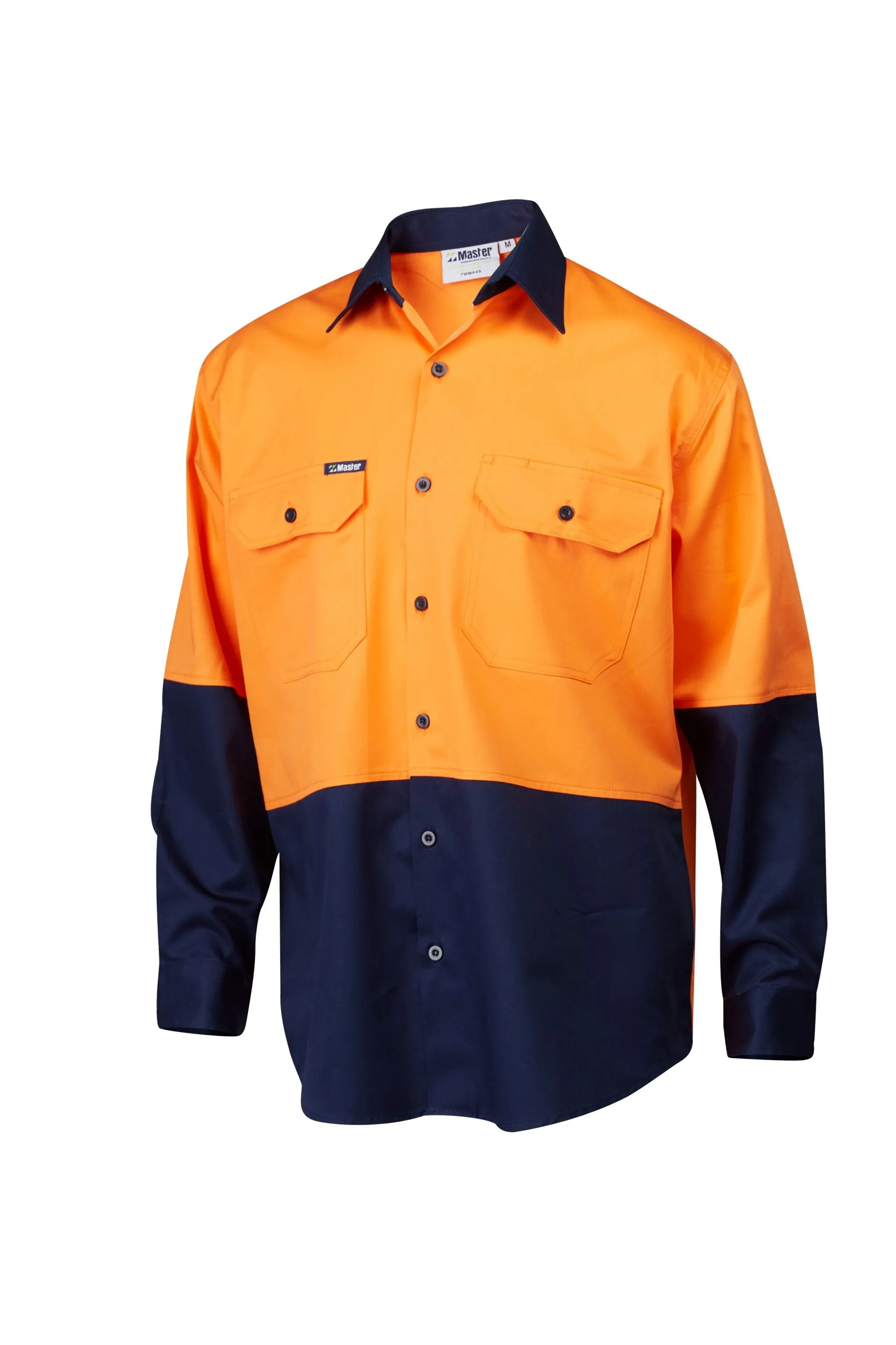 7WM445 SHIRT L/SLEEVE MASTER  HI VIS D 2 TONE 190GSM COTTON DRILL