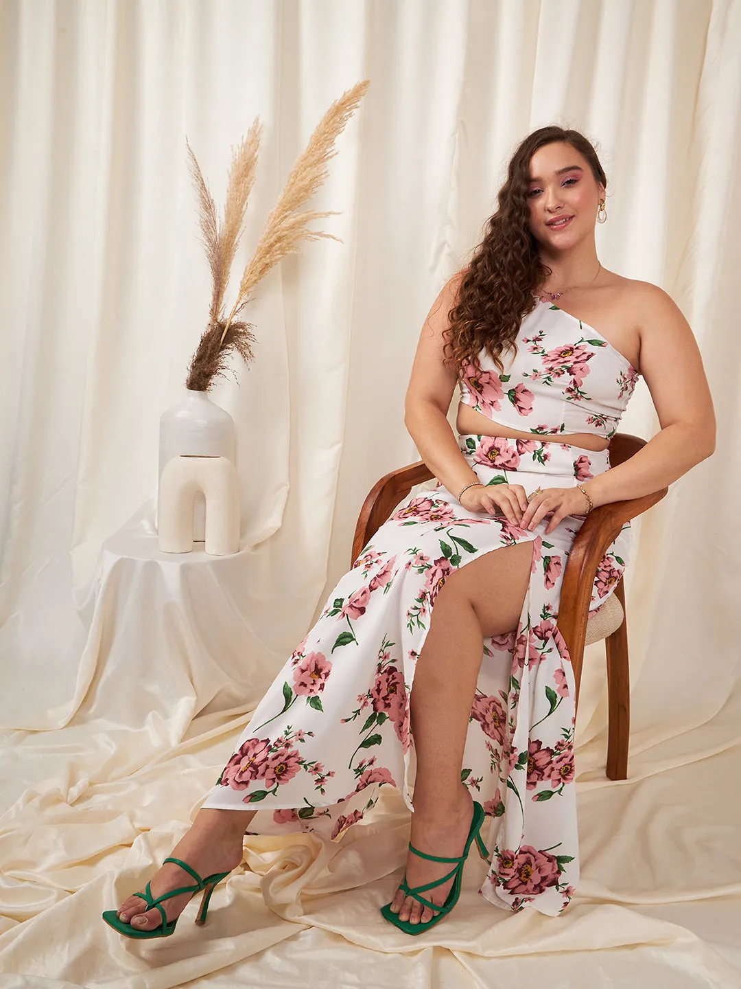 Berrylush Women Plus Size White & Pink Floral Printed One-Shoulder Neck Sleeveless Cropped Top & Thigh-High Slit Maxi Co-Ord Set