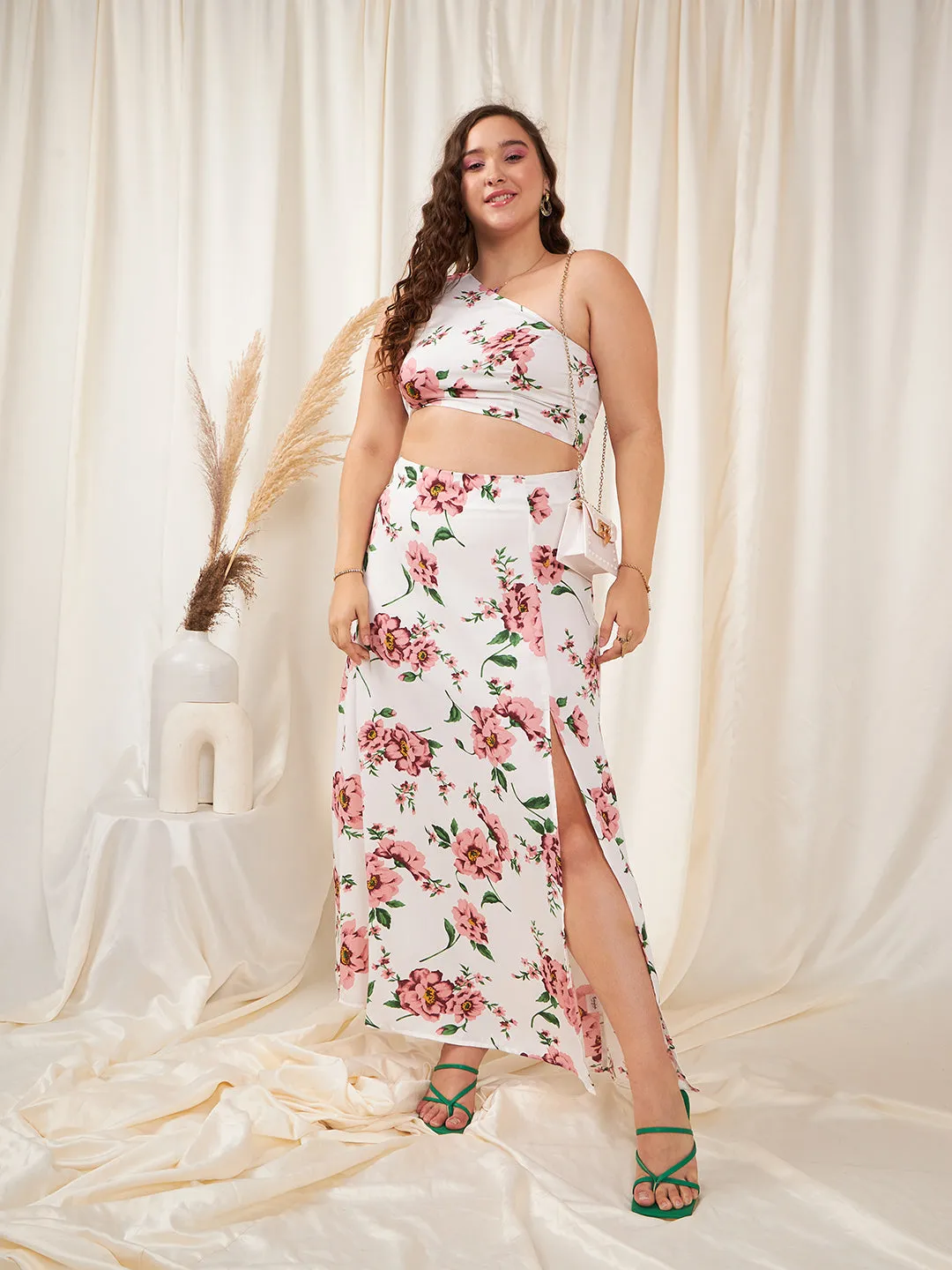 Berrylush Women Plus Size White & Pink Floral Printed One-Shoulder Neck Sleeveless Cropped Top & Thigh-High Slit Maxi Co-Ord Set