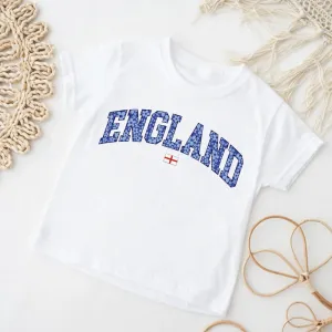 Blue Floral England White T-shirt