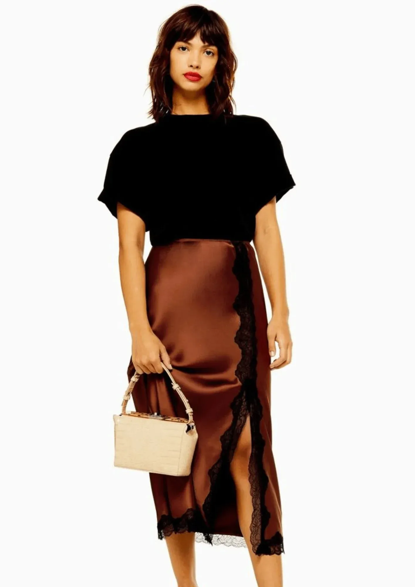 BROWN SATIN MIDI SKIRT