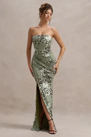 Buena | Olive Floral Print Strapless Gathered Maxi Dress With Split