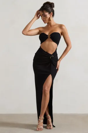 Cancun | Black Crinkle Strapless Cut-Out Maxi Dress With Twist