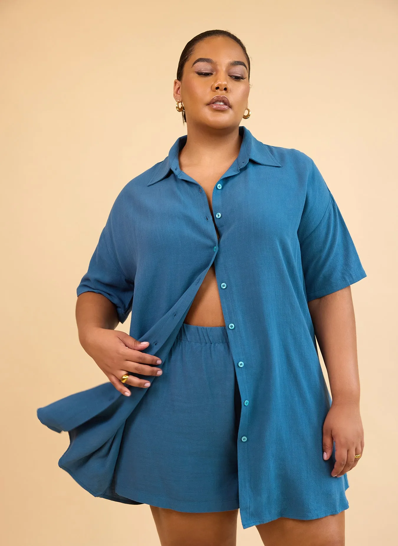 Clio Linen Button Front Collared Blouse - Cadet Blue