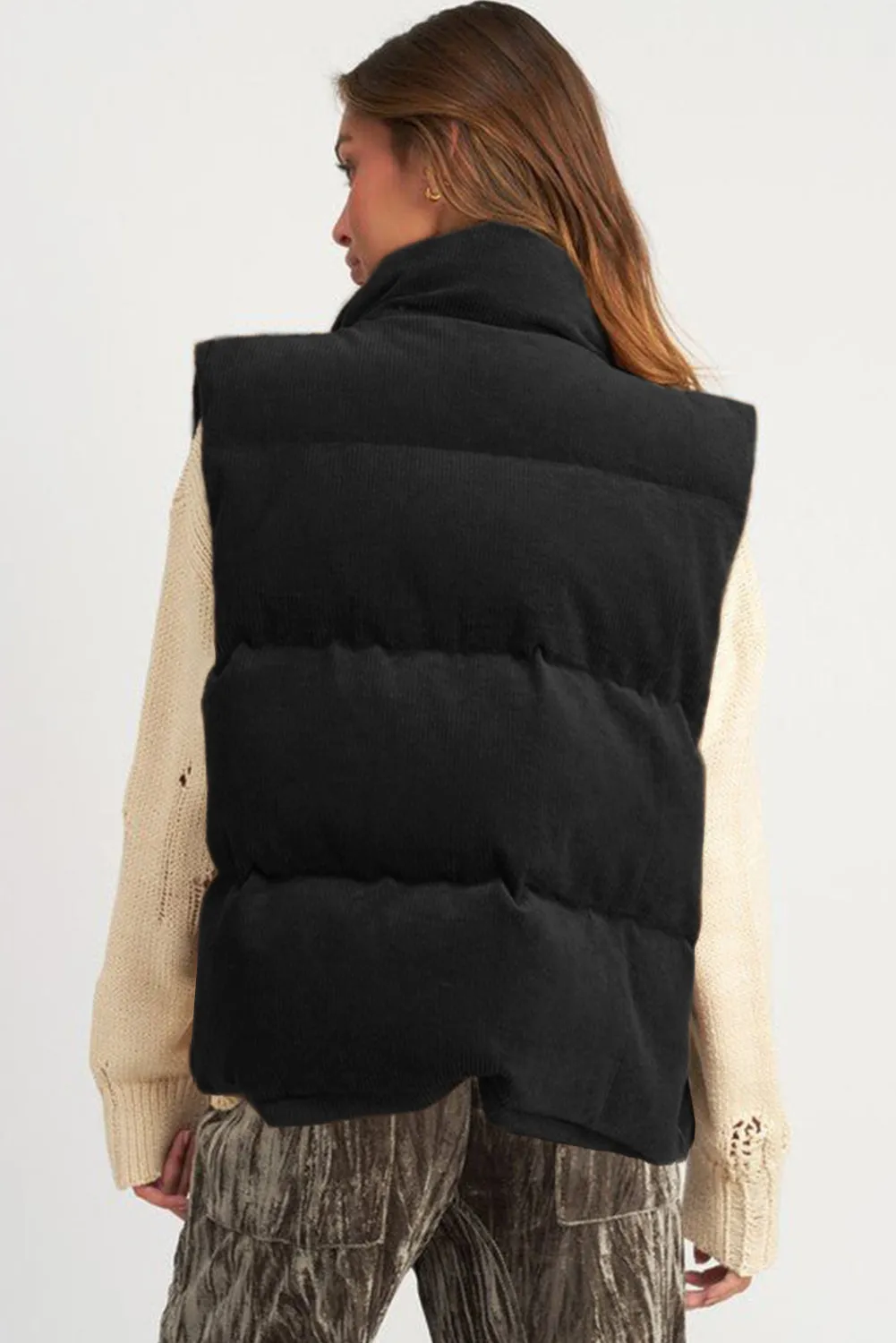 Coffee Corduroy Stand Neck Zipped Puffer Vest