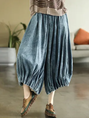 Cropped Loose Elasticity Pleated Jean Pants Bottoms