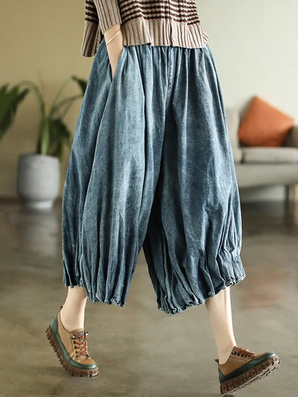 Cropped Loose Elasticity Pleated Jean Pants Bottoms