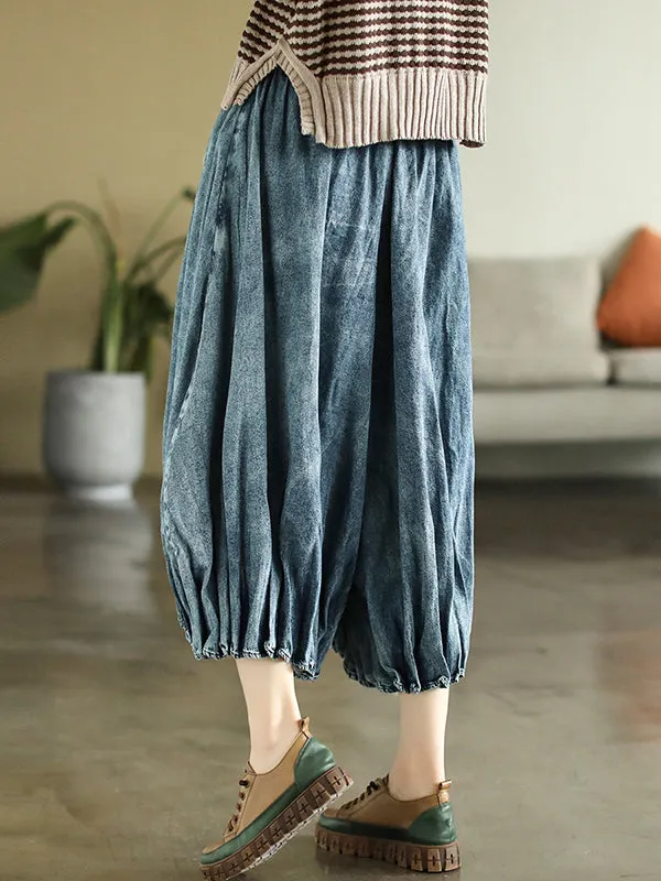 Cropped Loose Elasticity Pleated Jean Pants Bottoms