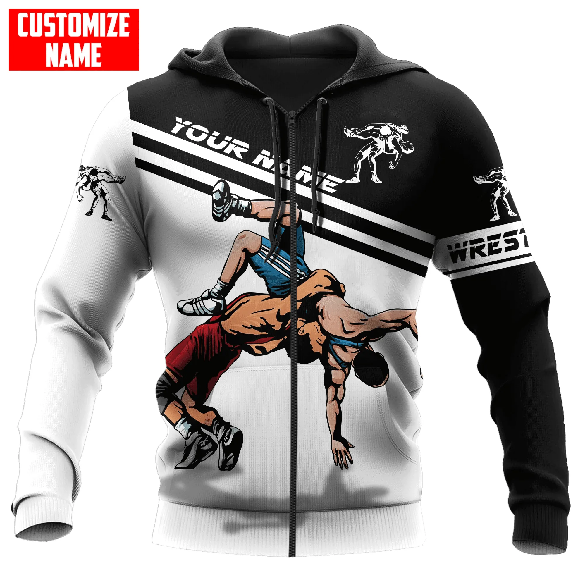 Customized Name Wrestling Black and White Shirts Leather 3D Sweatshirt Zip Hoodie Christmas Shirt