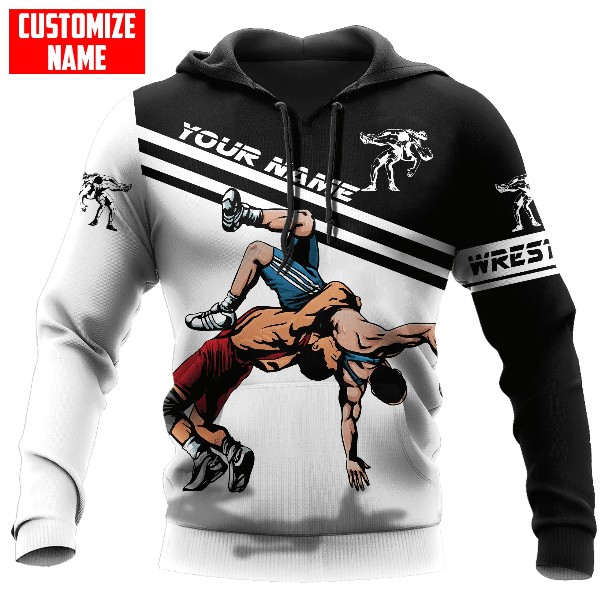 Customized Name Wrestling Black and White Shirts Leather 3D Sweatshirt Zip Hoodie Christmas Shirt