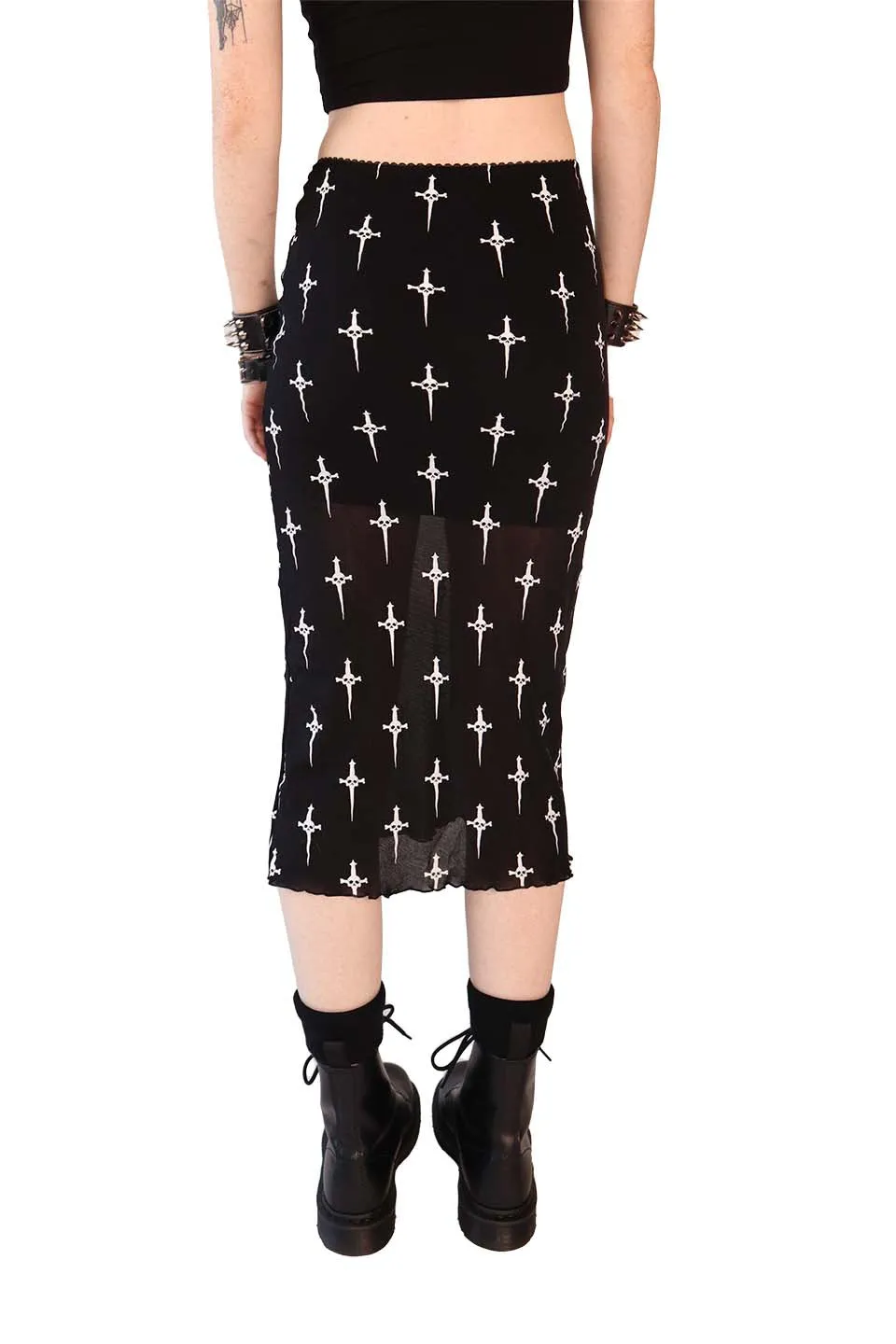 Dagger Print Mesh Midi Skirt