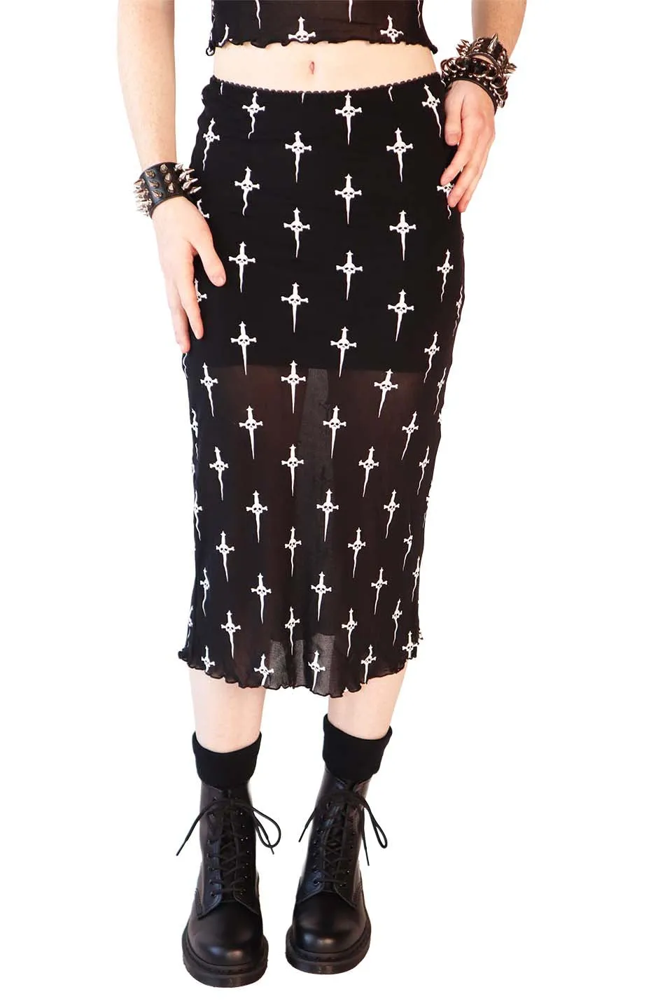 Dagger Print Mesh Midi Skirt