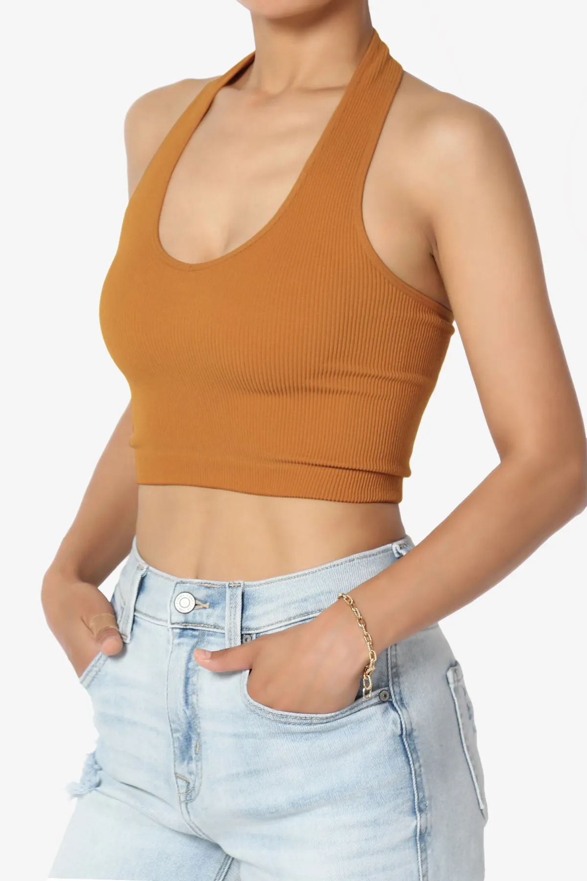 Daliyah Ribbed Seamless Halter Crop Tank Top