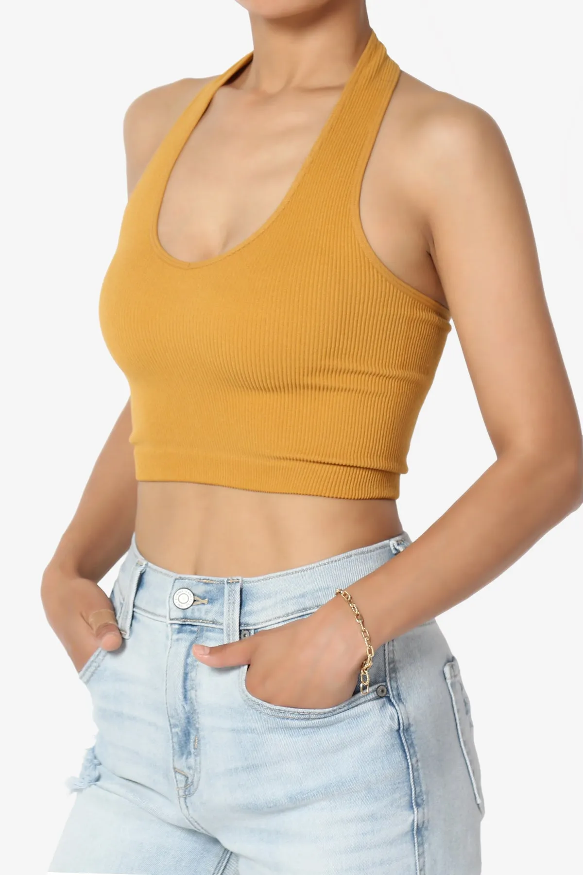 Daliyah Ribbed Seamless Halter Crop Tank Top