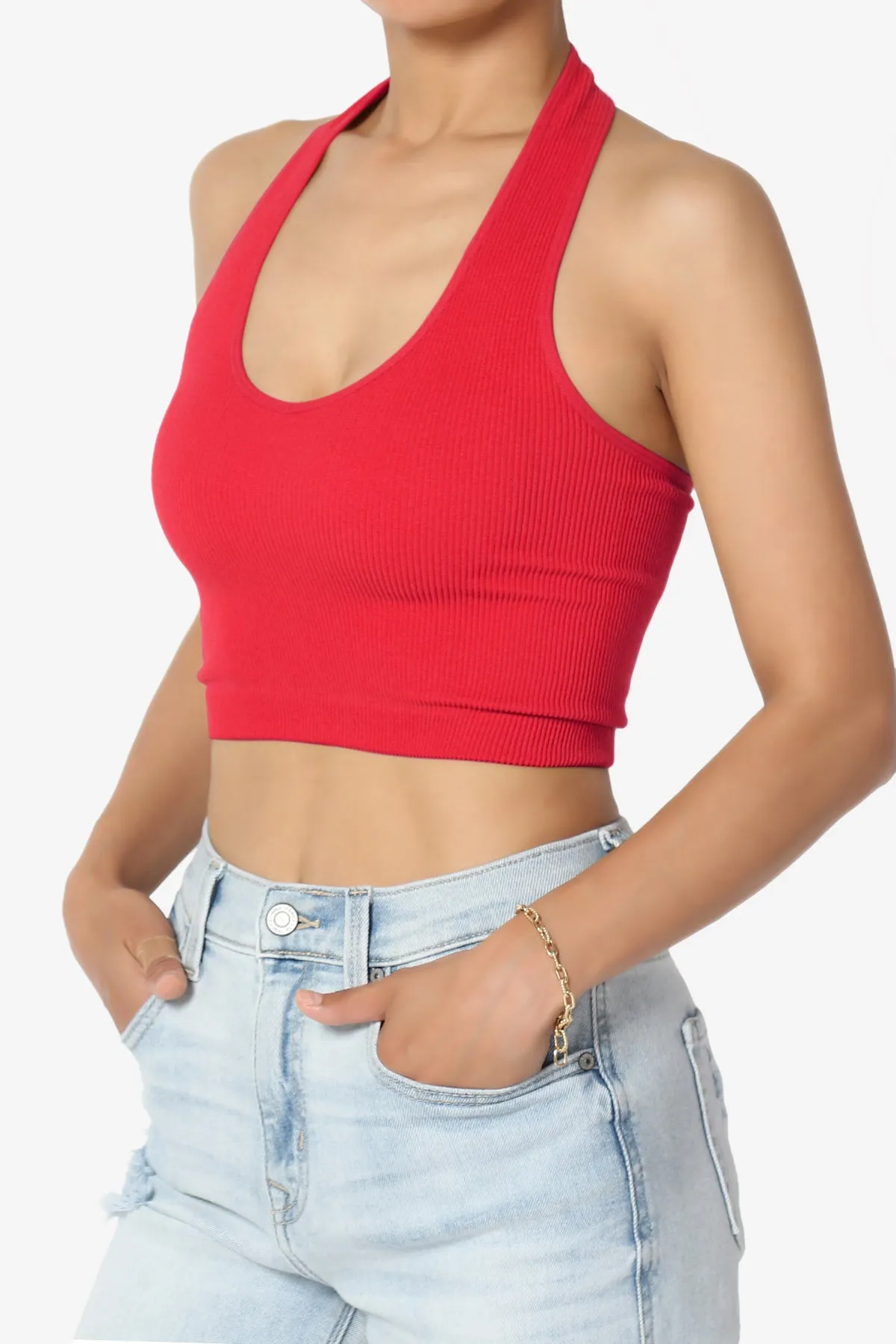 Daliyah Ribbed Seamless Halter Crop Tank Top