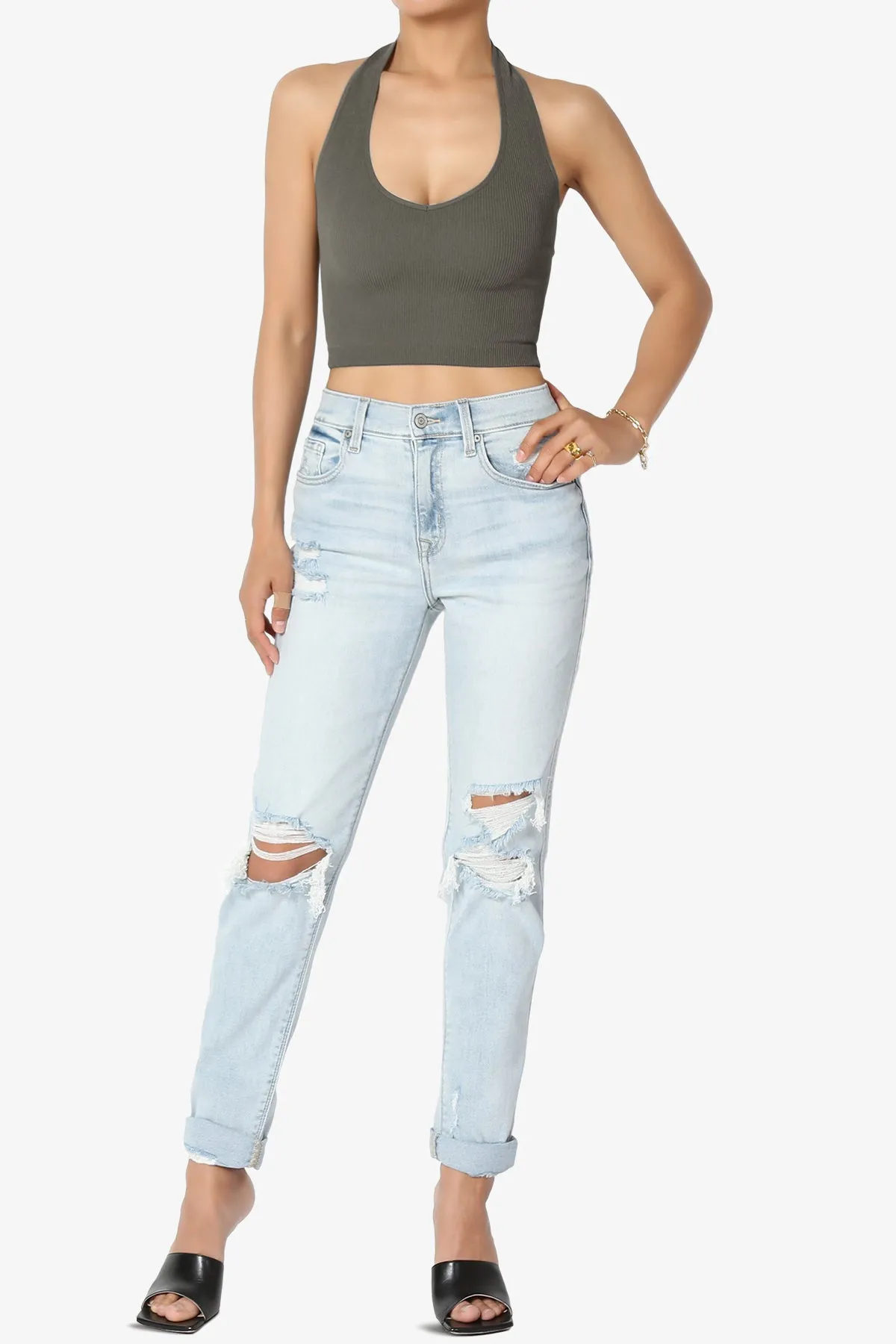 Daliyah Ribbed Seamless Halter Crop Tank Top