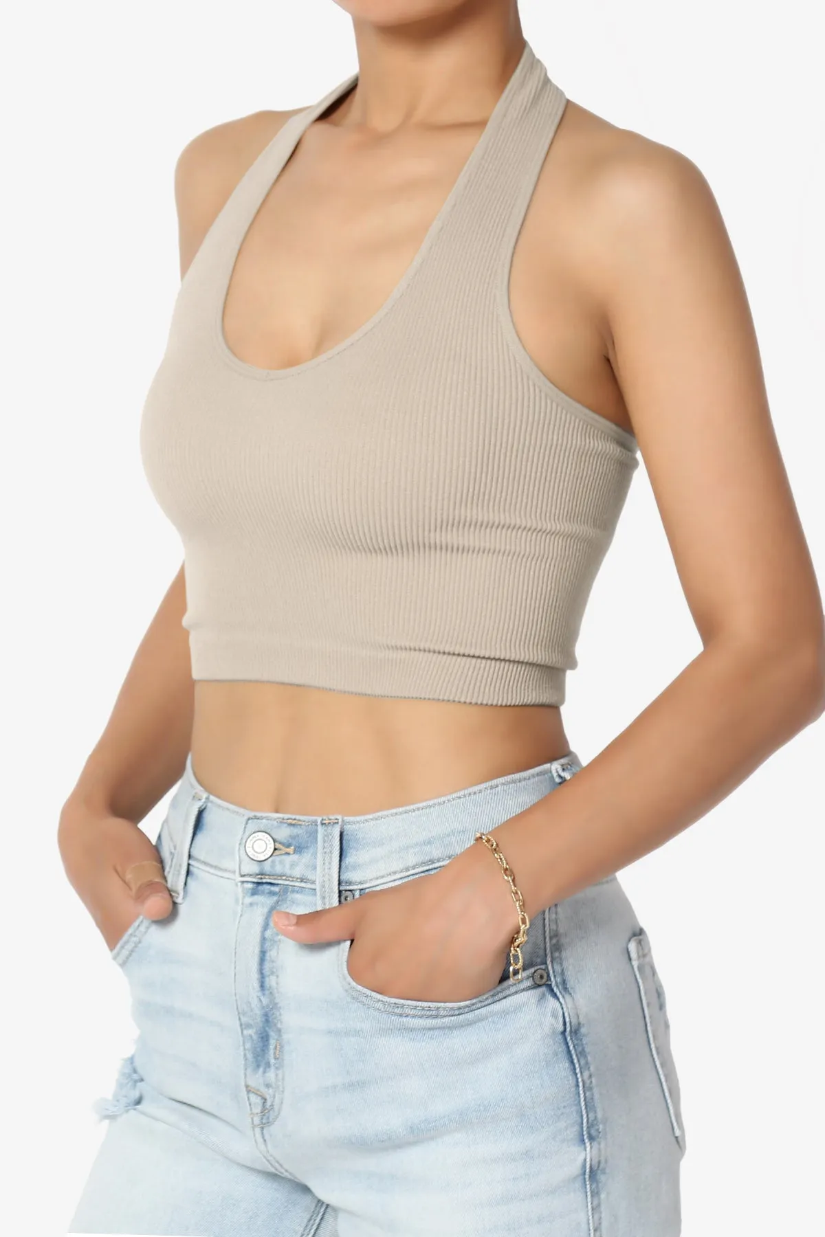 Daliyah Ribbed Seamless Halter Crop Tank Top