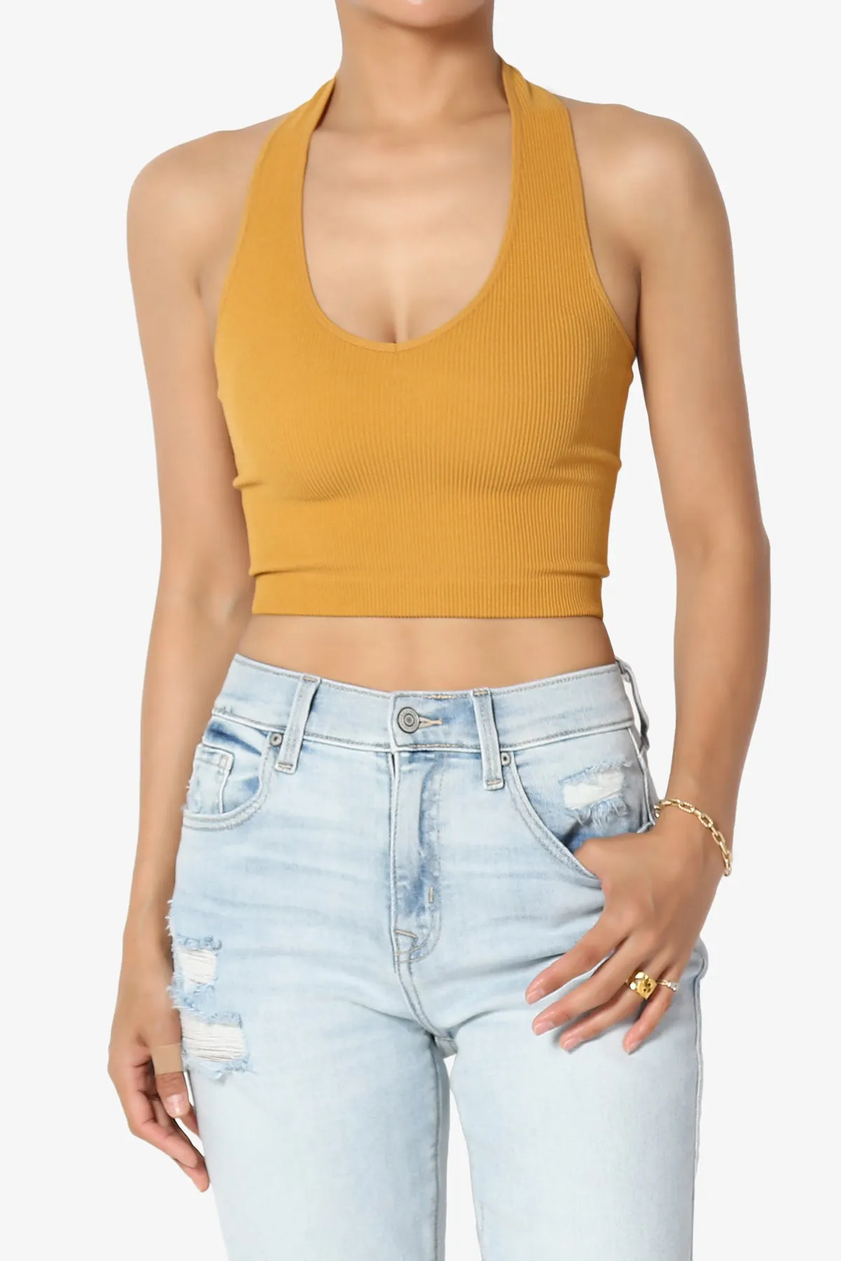 Daliyah Ribbed Seamless Halter Crop Tank Top