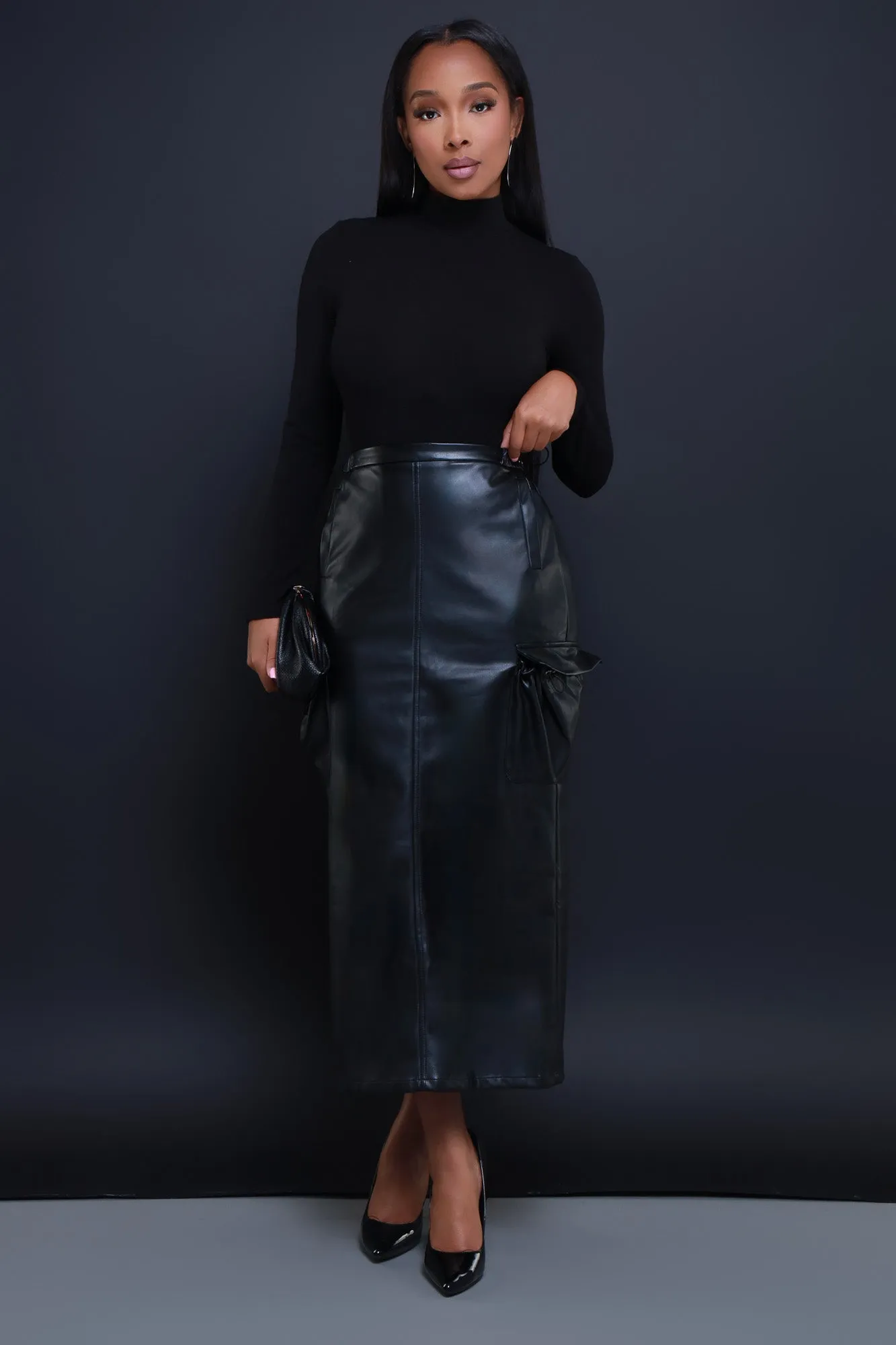 Dark Side Faux Leather Cargo Maxi Skirt - Black