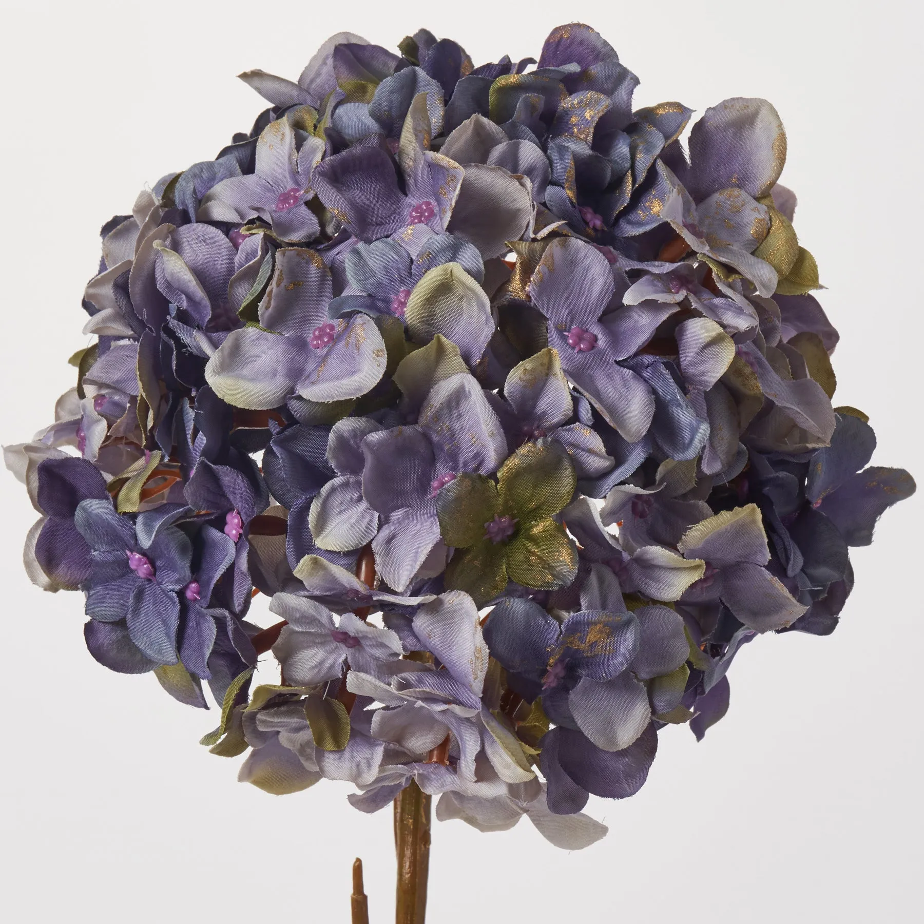 Dried Look Dark Purple & Gold Silk Hydrangea Bloom Spray Single Long Stem - 21"