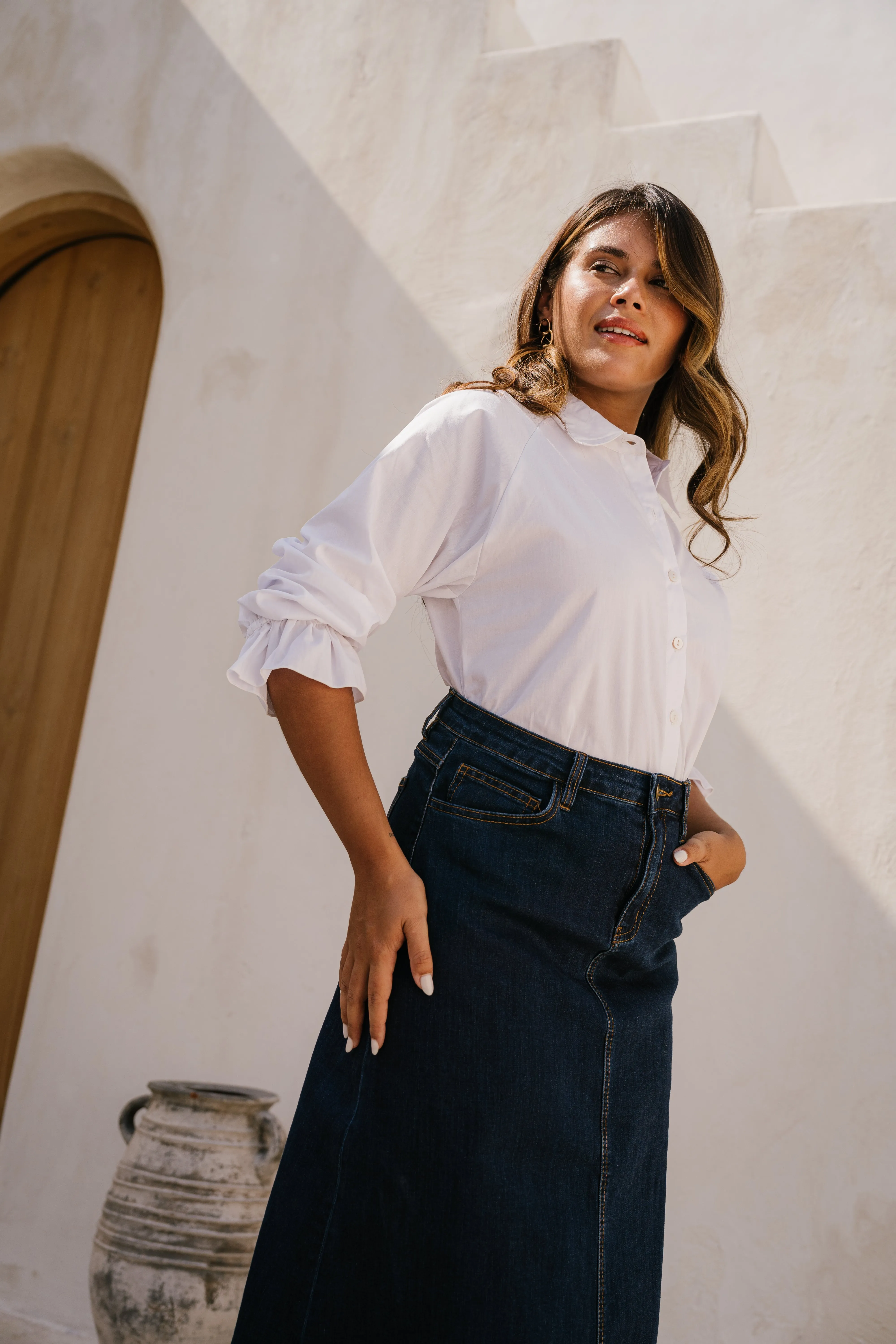 Ebony Frill Cuff Top in White