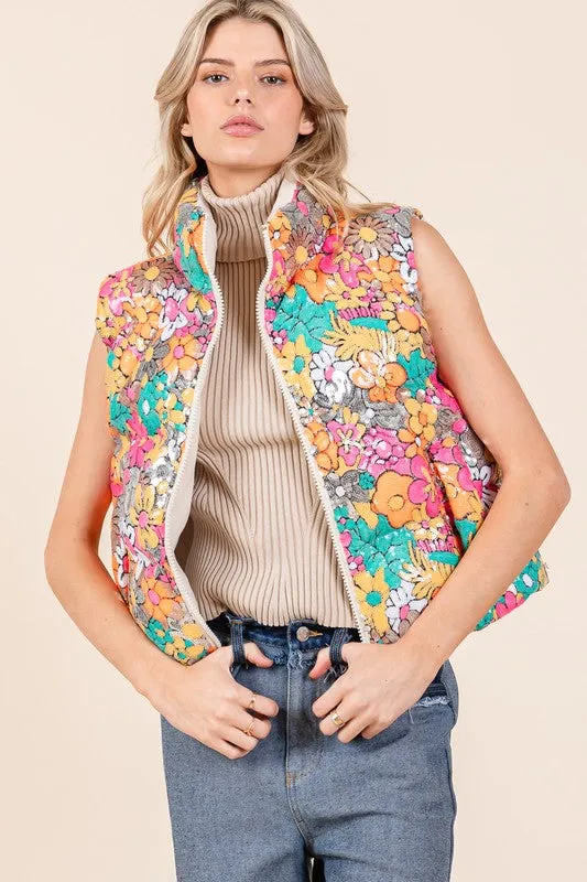 GEE102 - FLORAL SEQUIN PUFFER VEST