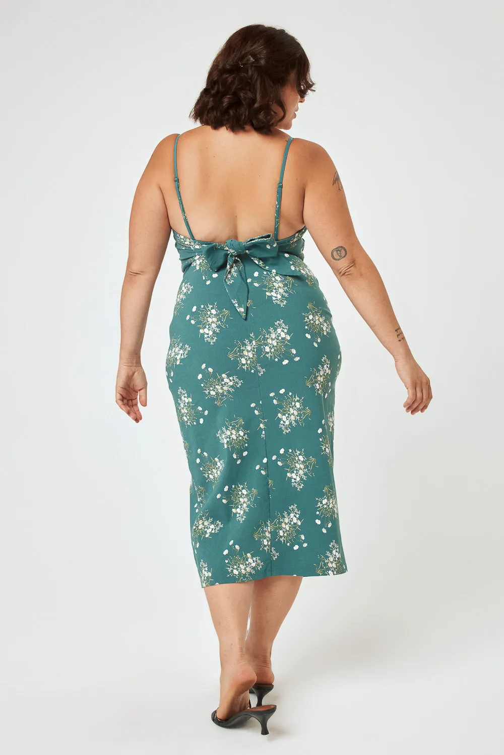 Green Floral Tie Back Skim Midi Dress