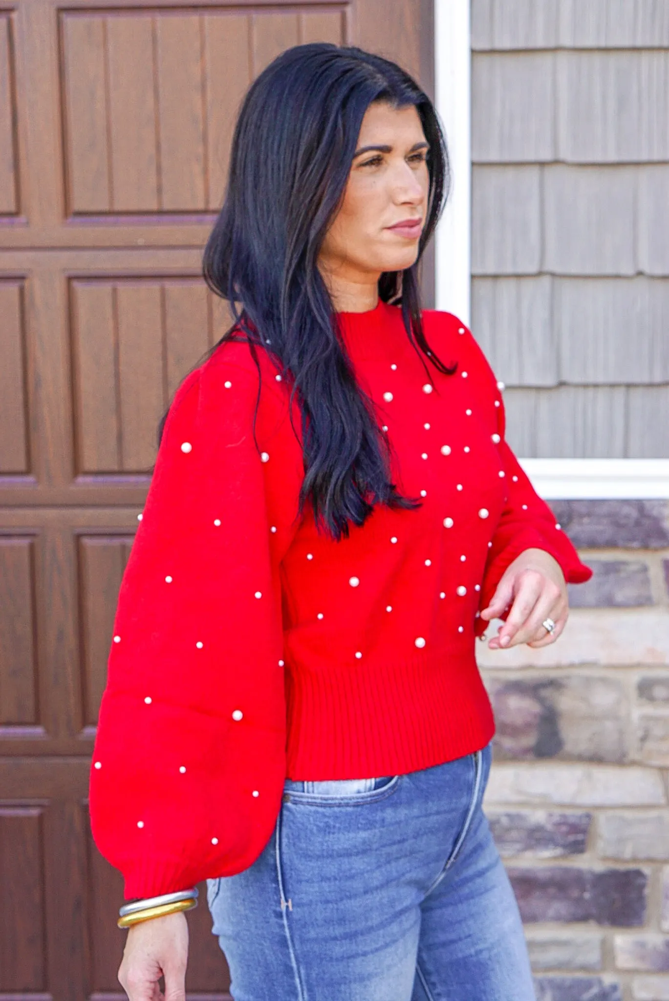 Happiness Awaits Red Pearl Sweater