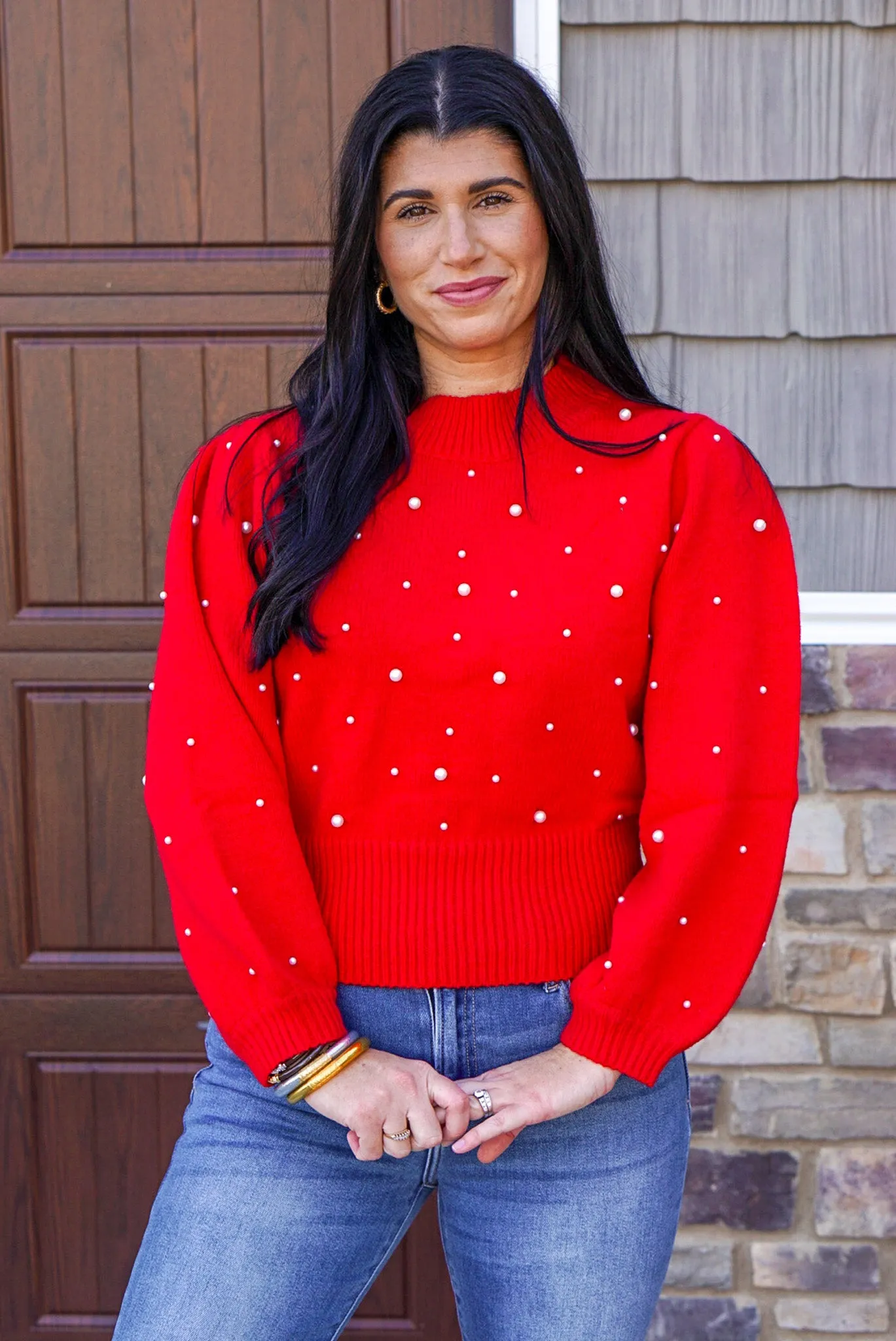 Happiness Awaits Red Pearl Sweater