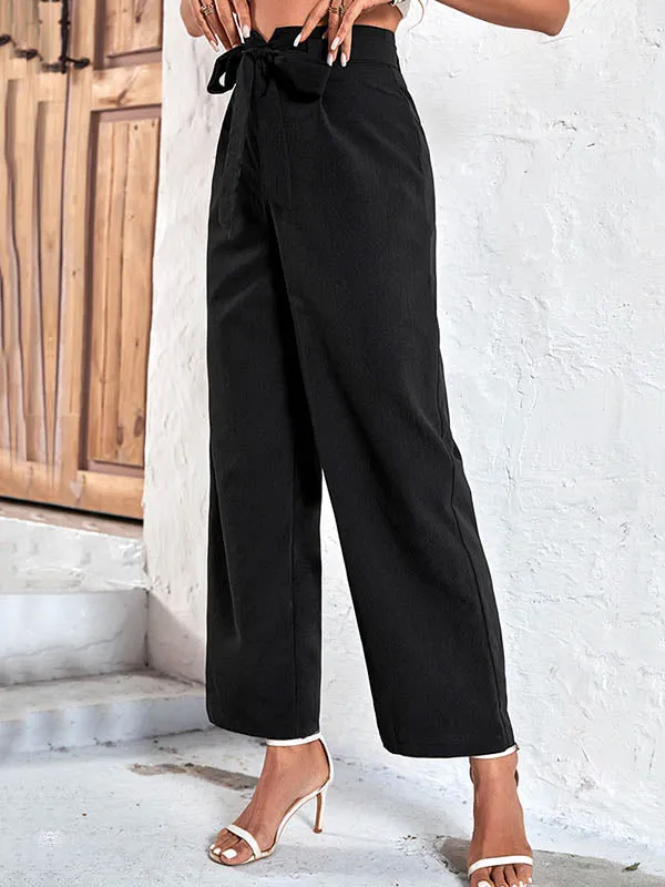 High Waisted Wide Leg Ribbed Solid Color Casual Pants Bottoms