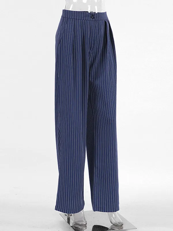 High Waisted Wide Pants Buttoned Striped Pants Trousers