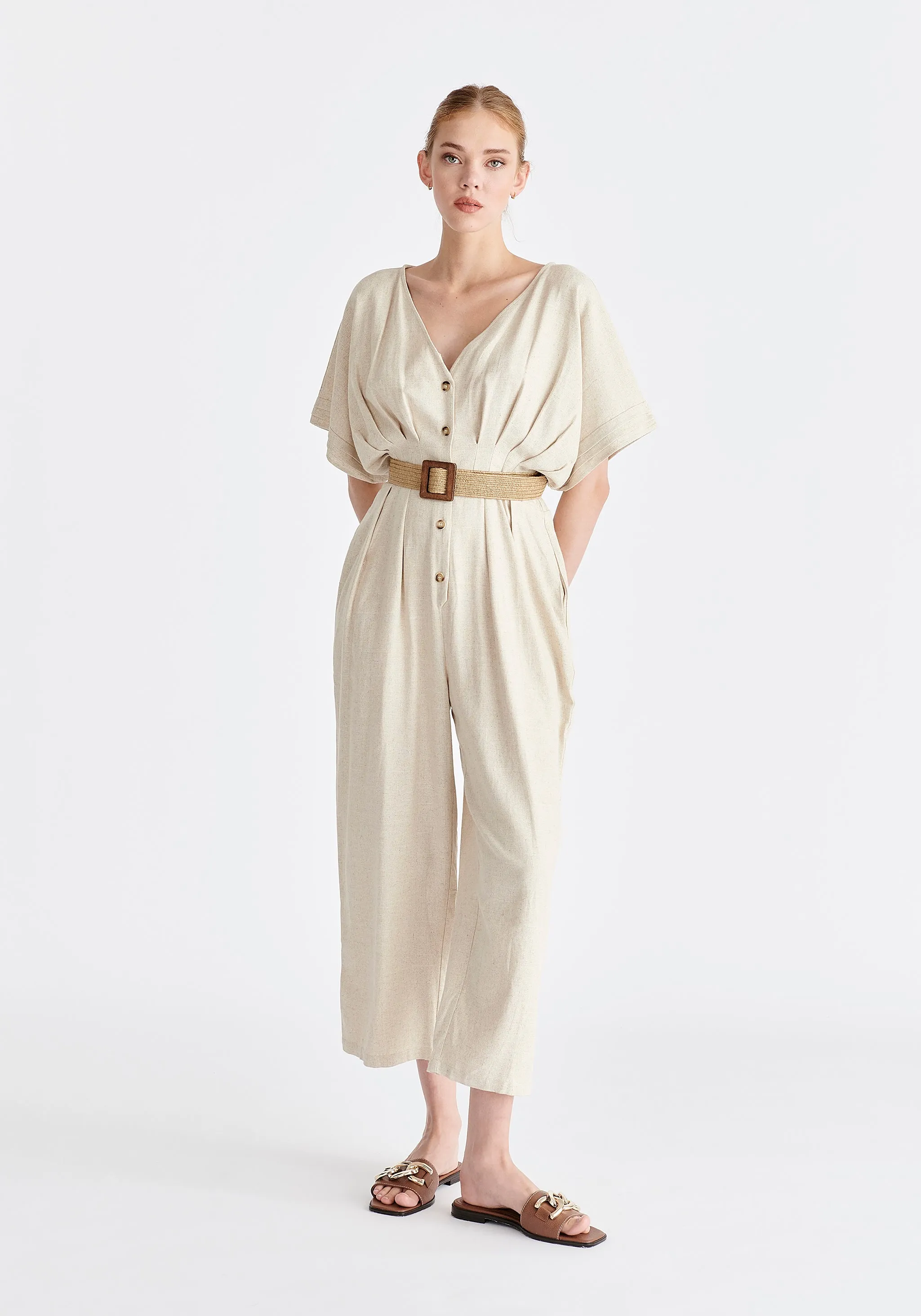 Linen Blend Button Jumpsuit