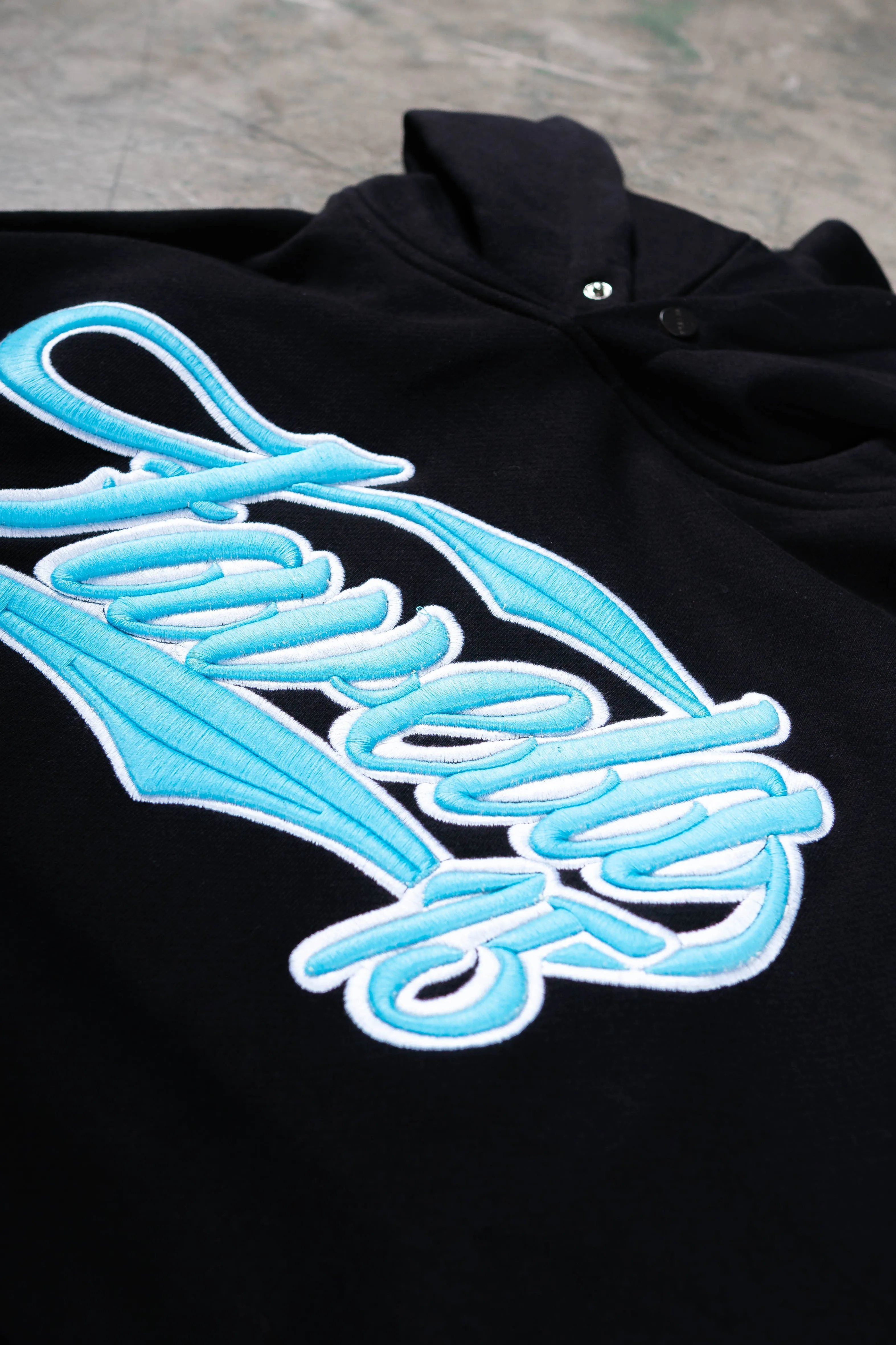 NEW 3D COLLEGE  BABYBLUE/WHITE BLACK SNAP BUTTON HOODIE