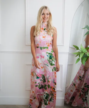 Pink Watercolour Floral Halter Neck Maxi Dress