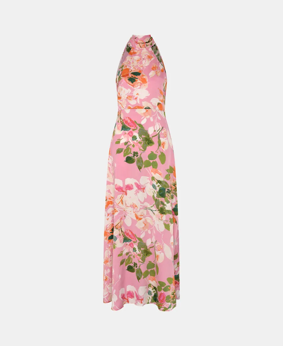 Pink Watercolour Floral Halter Neck Maxi Dress