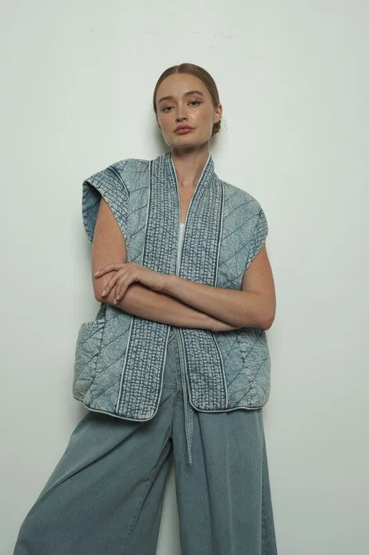 Waitlist 12/14 ♥  Kay Sleeveless Oversized Open Front Quilted Denim Vest Blue