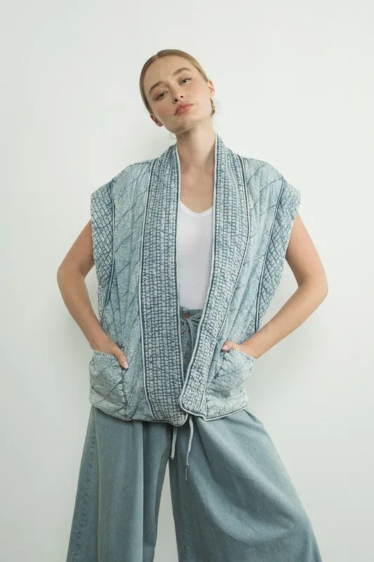 Waitlist 12/14 ♥  Kay Sleeveless Oversized Open Front Quilted Denim Vest Blue