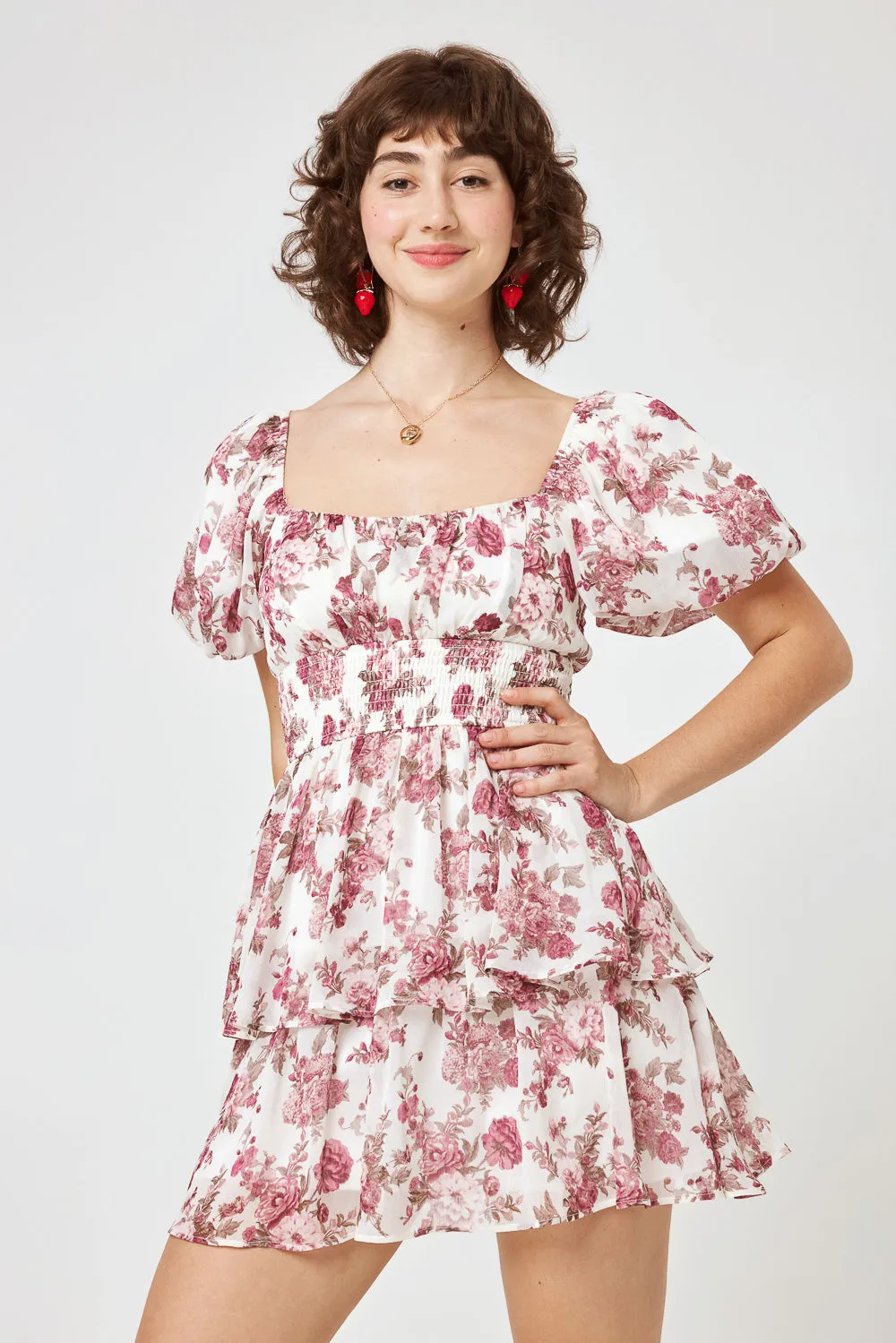 White Pink Floral Smocked Tier Dress