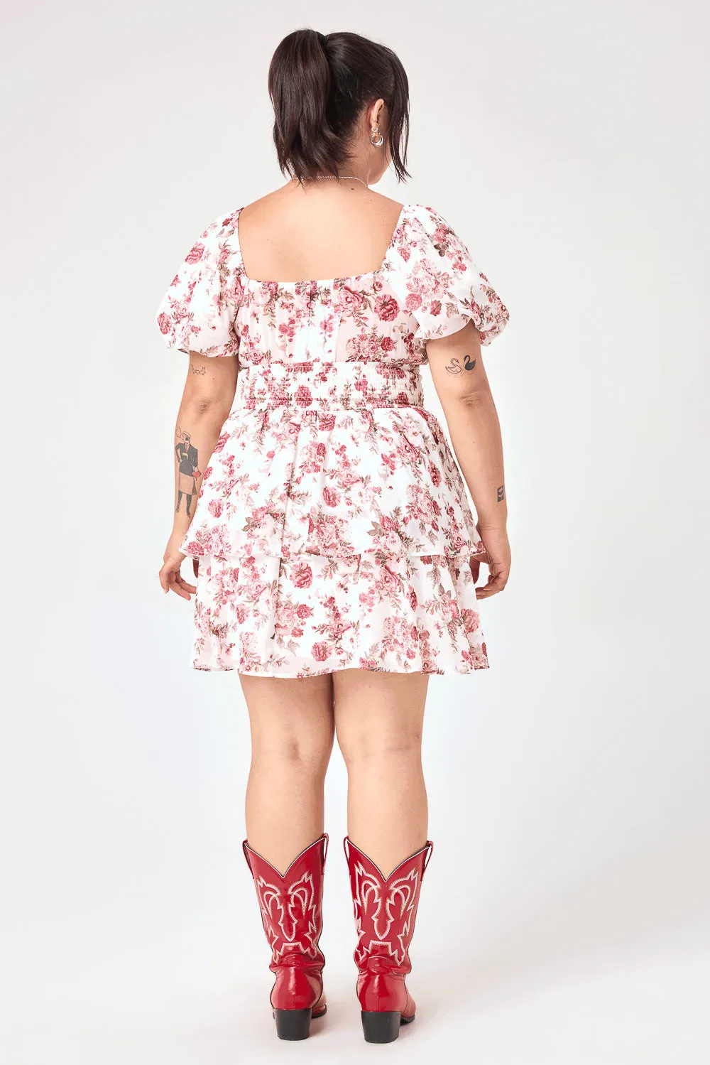 White Pink Floral Smocked Tier Dress