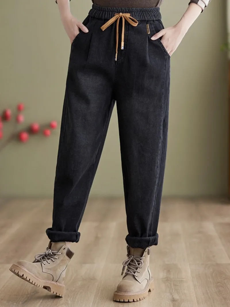 Winter Velvet Thickened Jeans Elastic waist Tied Harem Pants