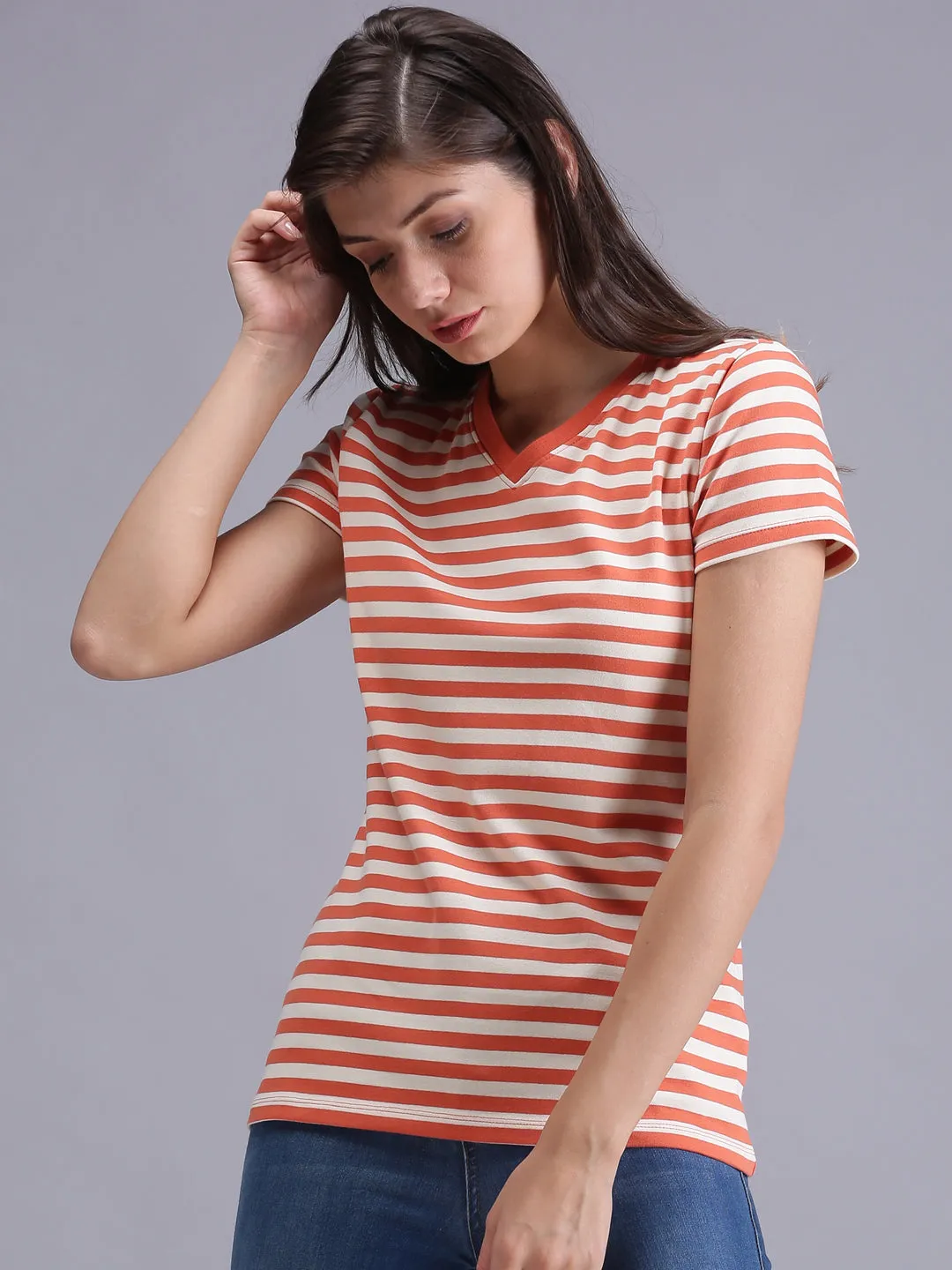 Women Orange Striped V-Neck T-shirt