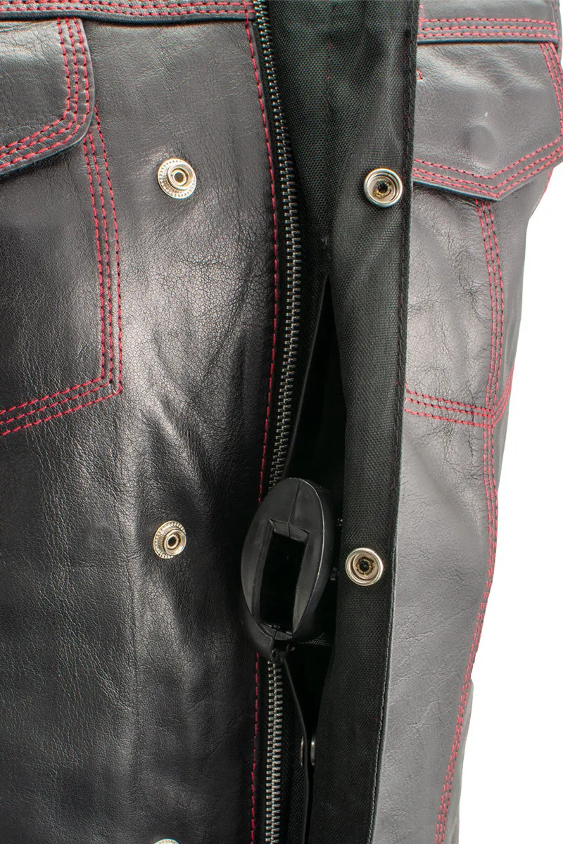 Xelement XS3449 Men's 'Paisley' Black Leather Motorcycle Vest with Red Stitching