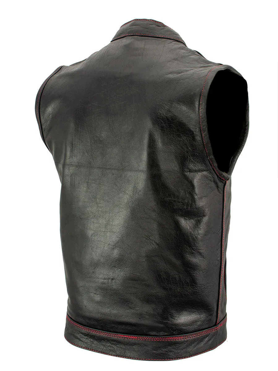 Xelement XS3449 Men's 'Paisley' Black Leather Motorcycle Vest with Red Stitching